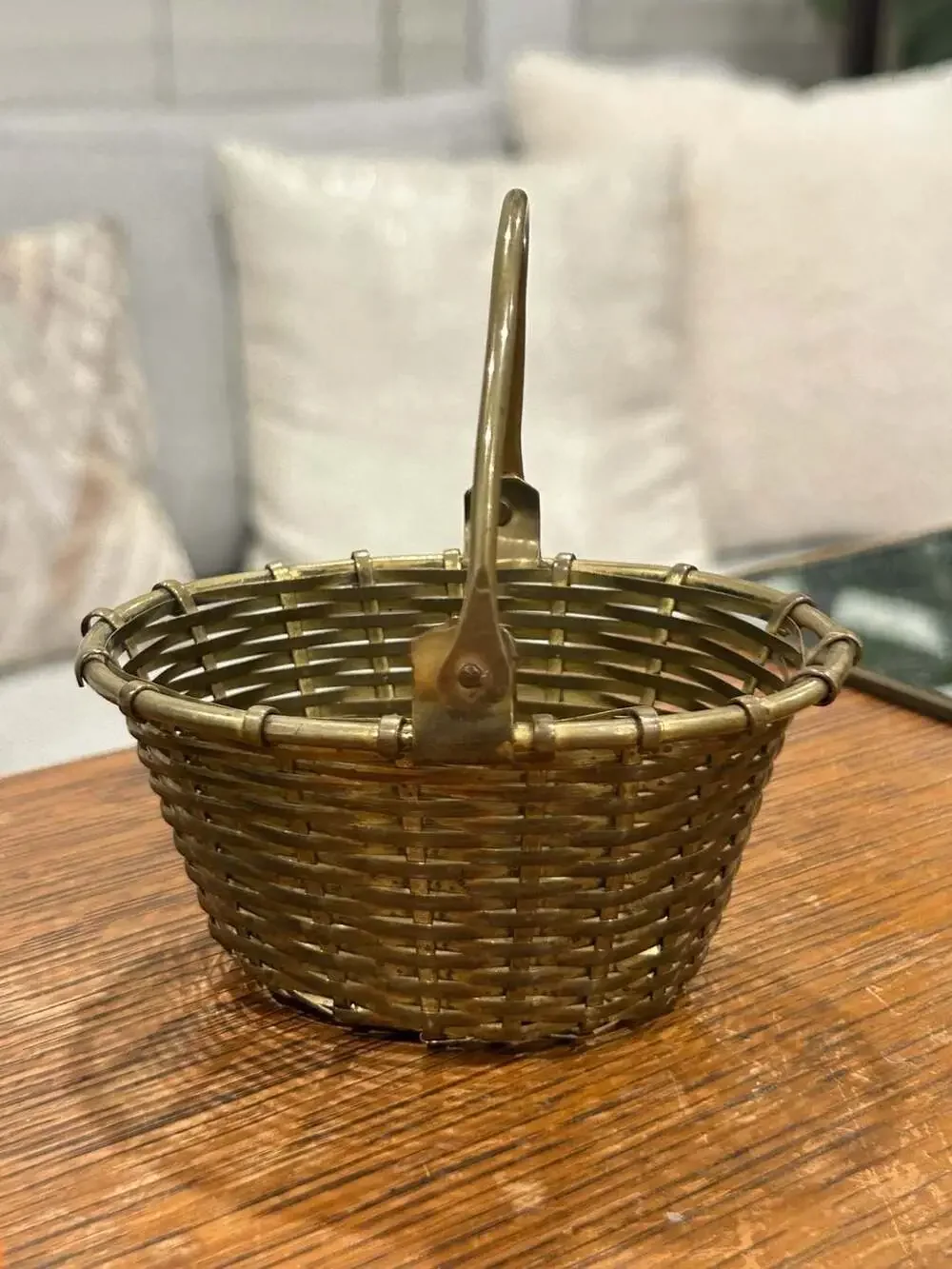 Vintage Small Woven Brass Basket with Movable Swivel Handle
